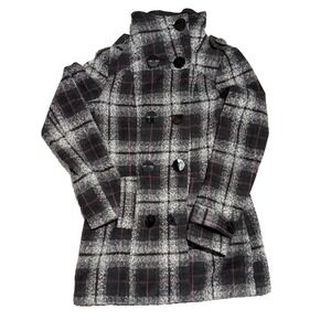 BKE Buckle Coat Women's Sz S Wool Blend Plaid Double Breast Lined Front Pockets